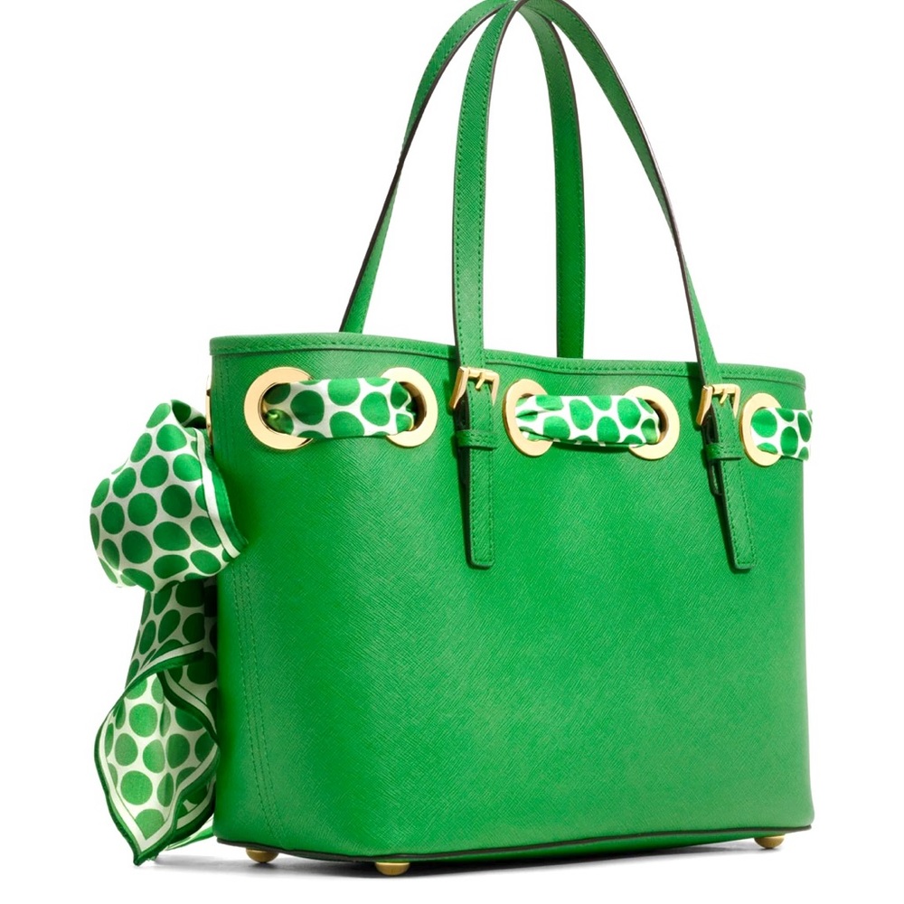 Michael KORS Genuine Leather Silk Scarf green Large Tote shoulder bag - Picture 8 of 13
